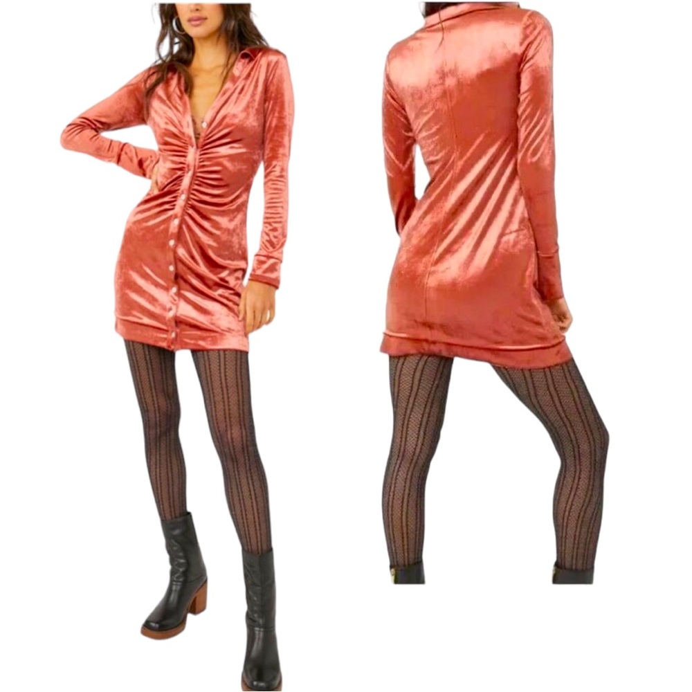Free People Shayla Velvet Fitted Stretch Terracotta Mini Dress Size XS
